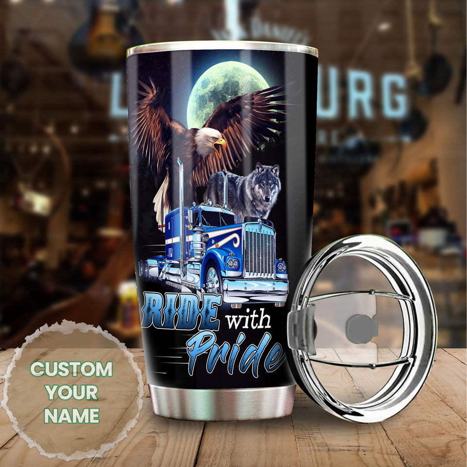 Camellia Personalized Metal Truck Ride With Pride Eagle Wolf Graphics Stainless Steel Tumbler - Double-Walled Insulation Travel Thermal Cup With Lid Gift For Trucker Men