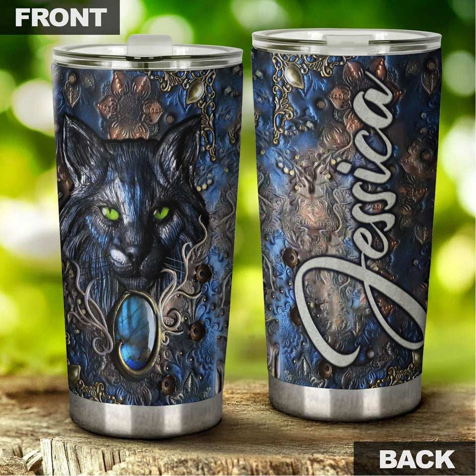 Camellia Personalized Wild Cat Wooden Style Vintage Stainless Steel Tumbler - Double-Walled Insulation Travel Thermal Cup With Lid Gift For Pet Lover Cat Mom