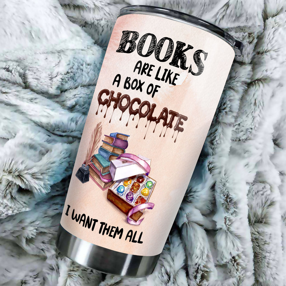 Camellia Personalized Books Chocolate Want Them All Girl Stainless Steel Tumbler - Double-Walled Insulation Travel Thermal Cup With Lid Gift For Nerd Book Sweet Lover Girl