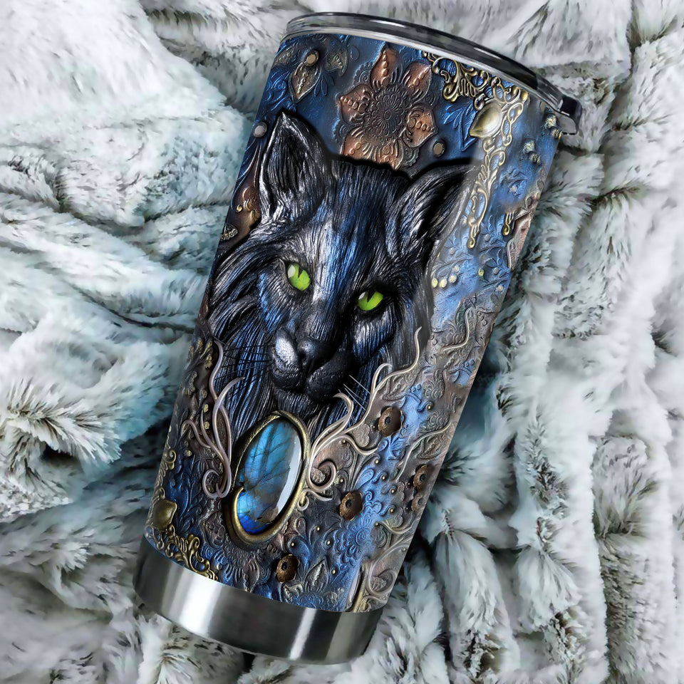 Camellia Personalized Wild Cat Wooden Style Vintage Stainless Steel Tumbler - Double-Walled Insulation Travel Thermal Cup With Lid Gift For Pet Lover Cat Mom