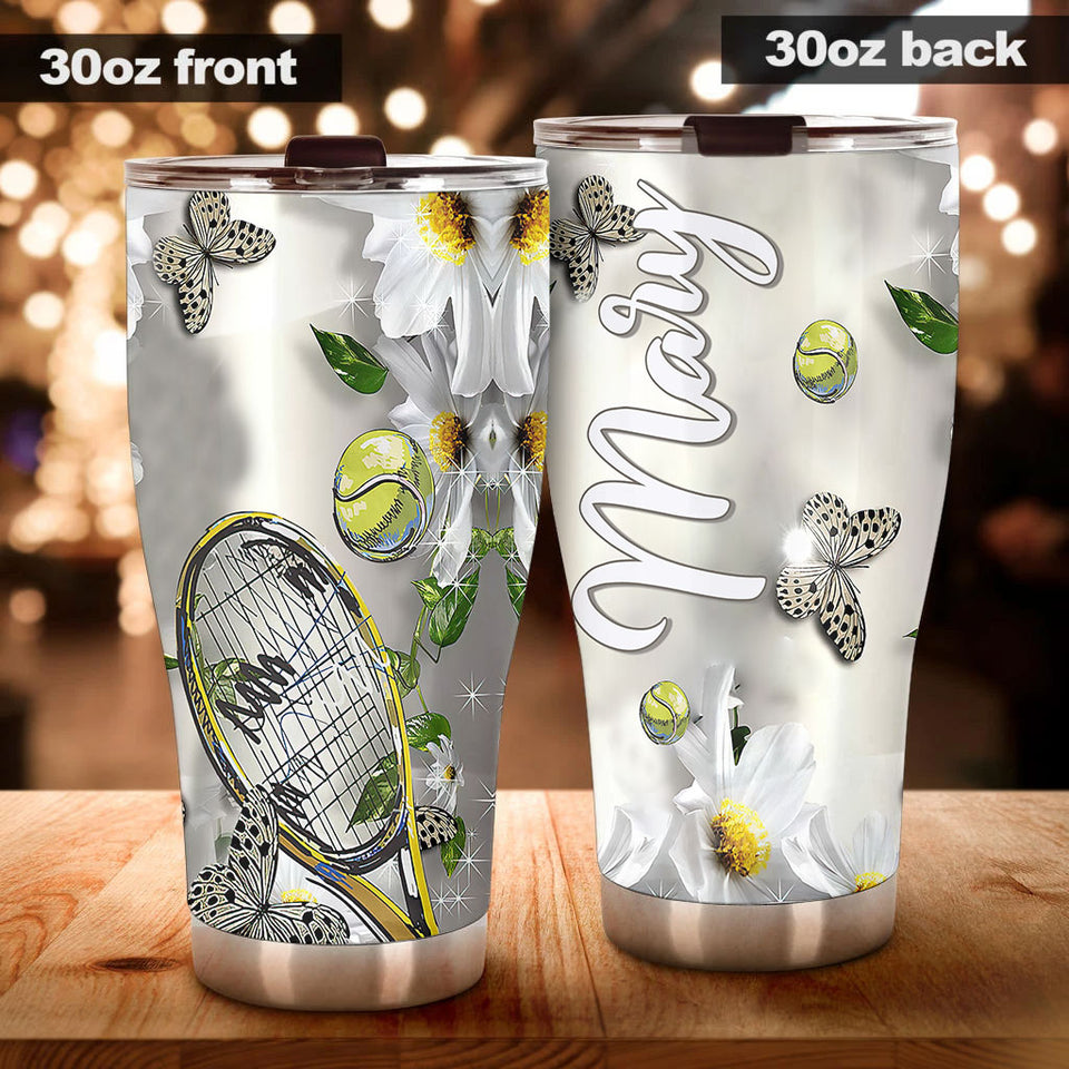 Camellia Personalized Tennis Racket And Ball Butterfly Daisy Graphics Stainless Steel Tumbler - Double-Walled Insulation Sporty Thermal Cup With Lid Gift For Tennis Player Women