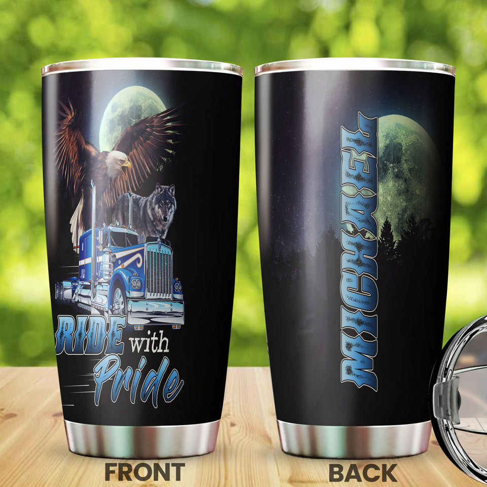 Camellia Personalized Metal Truck Ride With Pride Eagle Wolf Graphics Stainless Steel Tumbler - Double-Walled Insulation Travel Thermal Cup With Lid Gift For Trucker Men