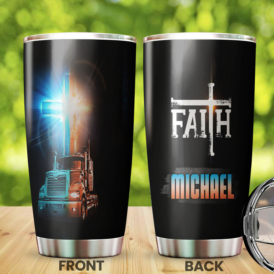 Camellia Personalized Metal Truck Trucker Faith Graphics Stainless Steel Tumbler - Double-Walled Insulation Travel Thermal Cup With Lid Gift For Faith Believer Trucker Men