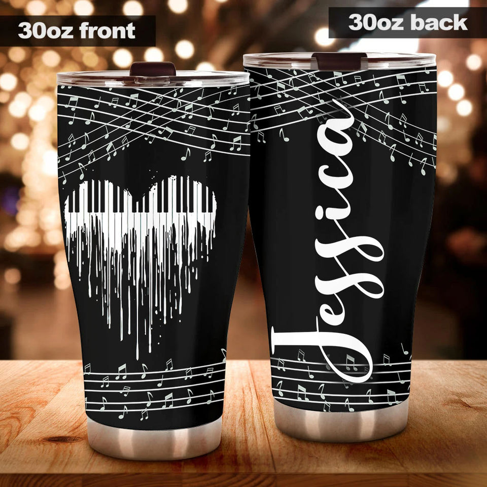 Camellia Personalized Piano Heart Music Graphics Stainless Steel Tumbler - Double-Walled Insulation Travel Thermal Cup With Lid Gift For Pianist Musician Music Lover