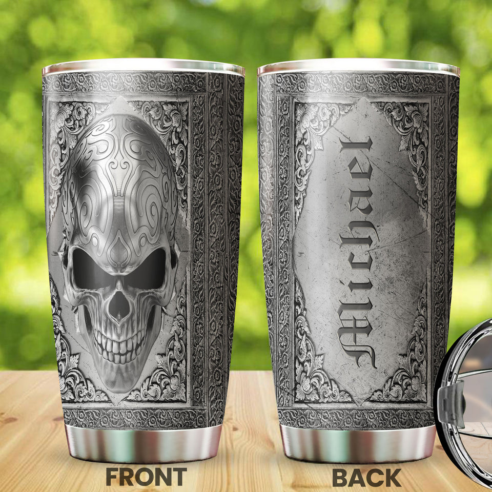 Camellia Personalized Steel Skull Skeleton Metal Style Graphics Stainless Steel Tumbler - Double-Walled Insulation Travel Thermal Cup With Lid Gift For Men Biking Trucker