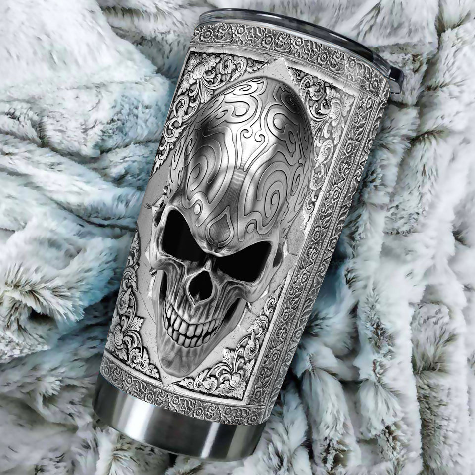 Camellia Personalized Steel Skull Skeleton Metal Style Graphics Stainless Steel Tumbler - Double-Walled Insulation Travel Thermal Cup With Lid Gift For Men Biking Trucker