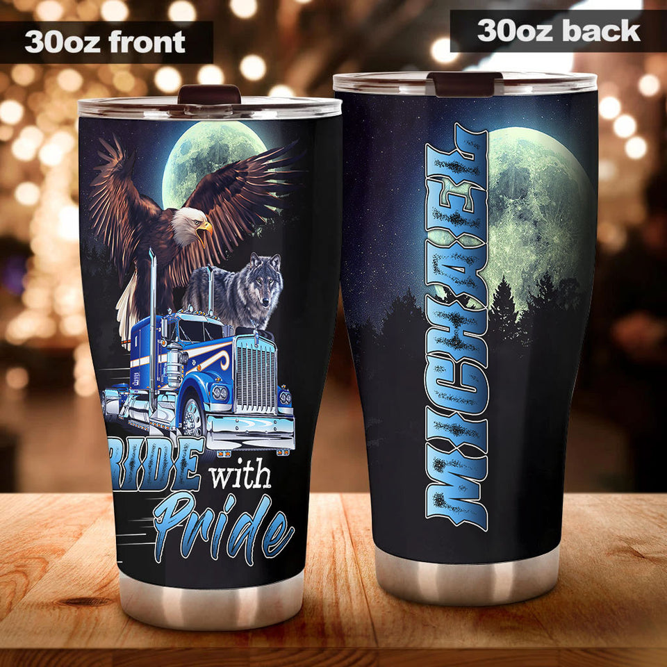 Camellia Personalized Metal Truck Ride With Pride Eagle Wolf Graphics Stainless Steel Tumbler - Double-Walled Insulation Travel Thermal Cup With Lid Gift For Trucker Men
