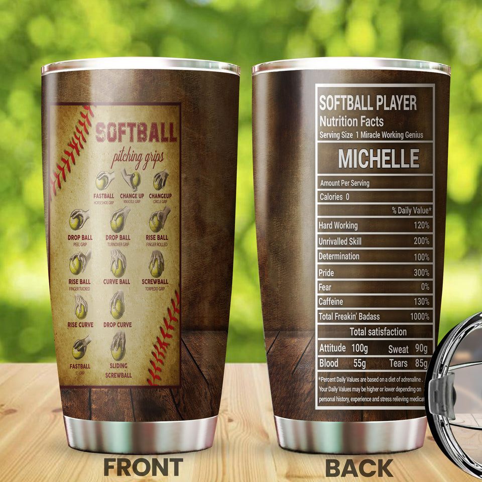 Camellia Personalized Softball Pitching Grips Knowledge Stainless Steel Tumbler - Double-Walled Insulation Sporty Thermal Cup With Lid Gift For Sport Lover Softball Player