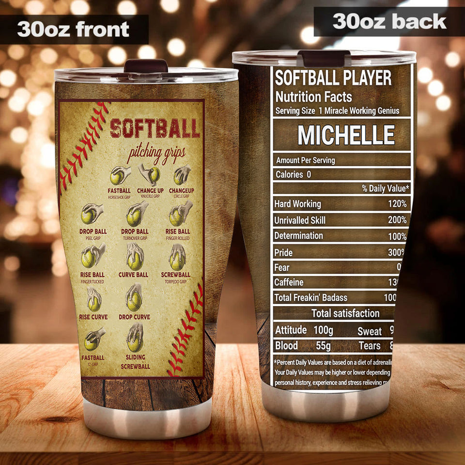 Camellia Personalized Softball Pitching Grips Knowledge Stainless Steel Tumbler - Double-Walled Insulation Sporty Thermal Cup With Lid Gift For Sport Lover Softball Player