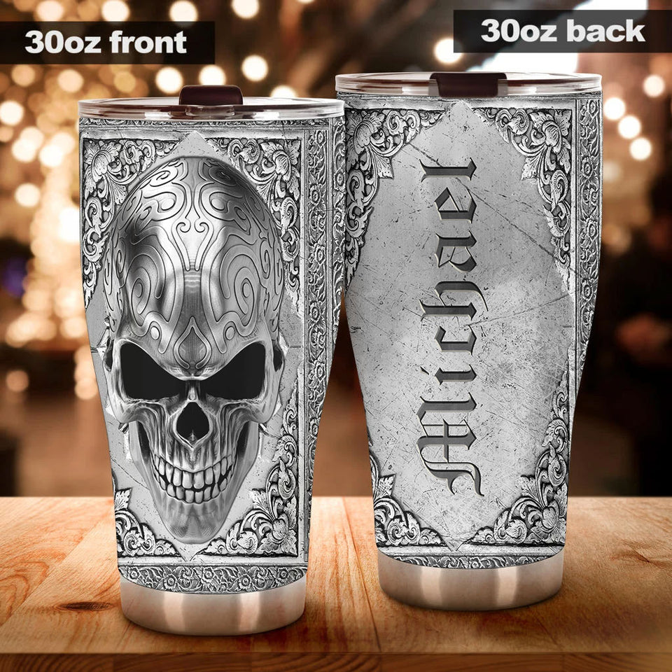 Camellia Personalized Steel Skull Skeleton Metal Style Graphics Stainless Steel Tumbler - Double-Walled Insulation Travel Thermal Cup With Lid Gift For Men Biking Trucker