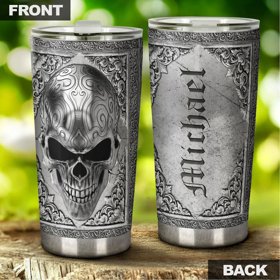 Camellia Personalized Steel Skull Skeleton Metal Style Graphics Stainless Steel Tumbler - Double-Walled Insulation Travel Thermal Cup With Lid Gift For Men Biking Trucker