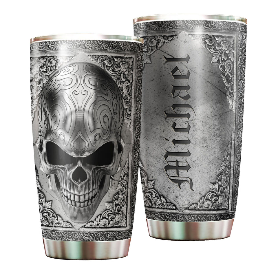 Camellia Personalized Steel Skull Skeleton Metal Style Graphics Stainless Steel Tumbler - Double-Walled Insulation Travel Thermal Cup With Lid Gift For Men Biking Trucker