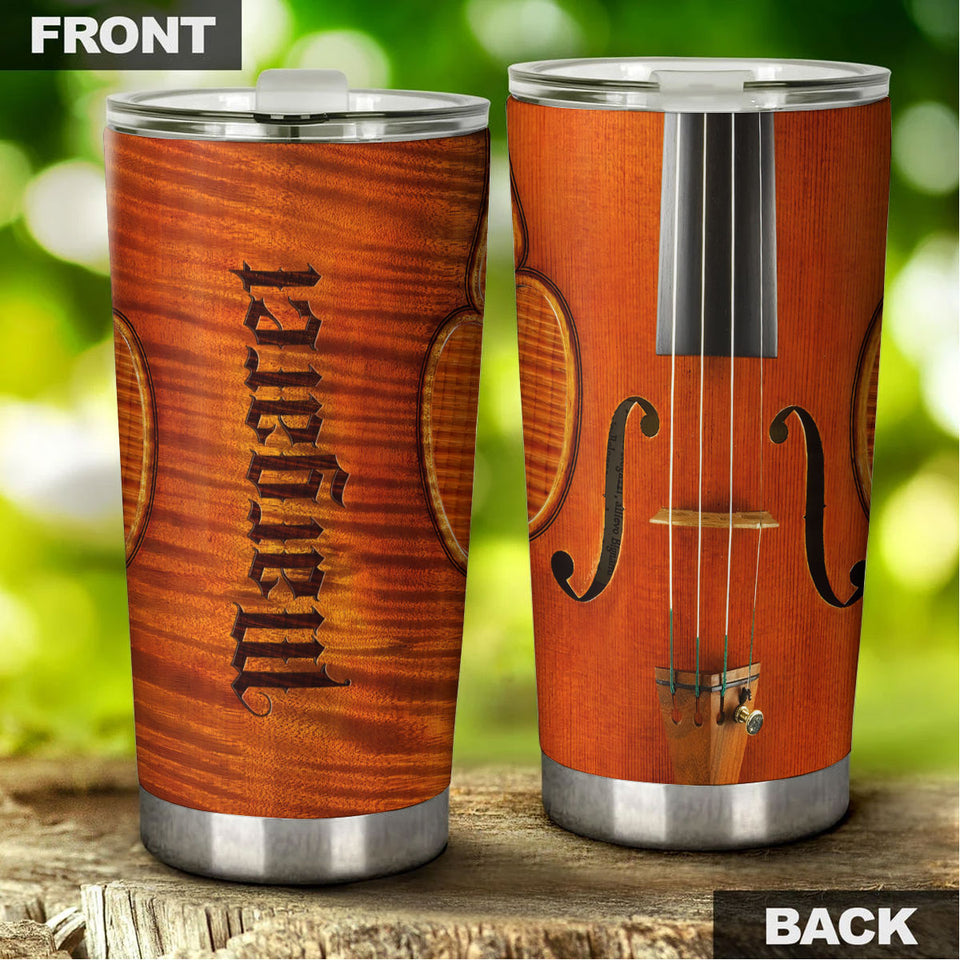 Camellia Personalized Violin String Wooden Style Graphics Stainless Steel Tumbler - Double-Walled Insulation Travel Thermal Cup With Lid Gift For Violinist Guitarist Musician