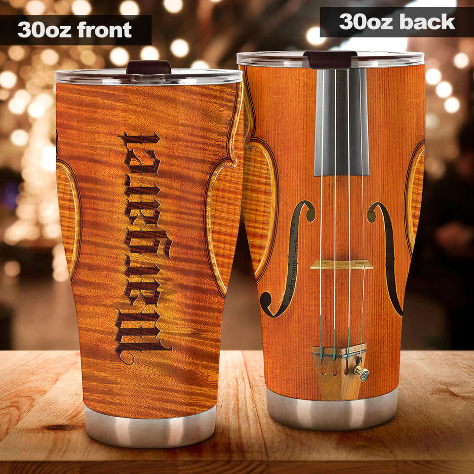 Camellia Personalized Violin String Wooden Style Graphics Stainless Steel Tumbler - Double-Walled Insulation Travel Thermal Cup With Lid Gift For Violinist Guitarist Musician