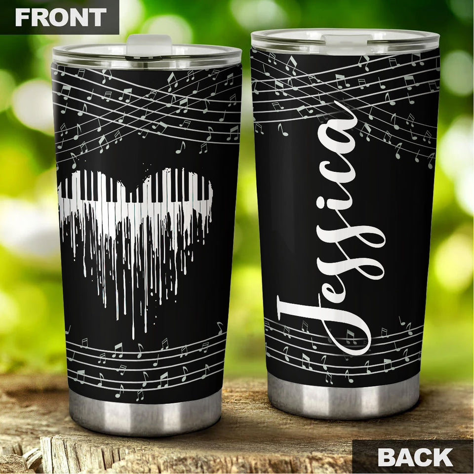 Camellia Personalized Piano Heart Music Graphics Stainless Steel Tumbler - Double-Walled Insulation Travel Thermal Cup With Lid Gift For Pianist Musician Music Lover
