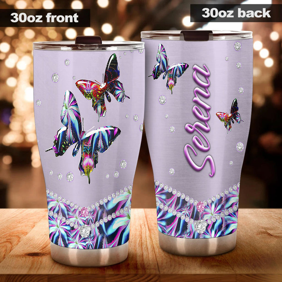 Camellia Personalized 3D Colorful Diamond Butterfly Stainless Steel Tumbler - Customized Double-Walled Insulation Therma Cup With Lid