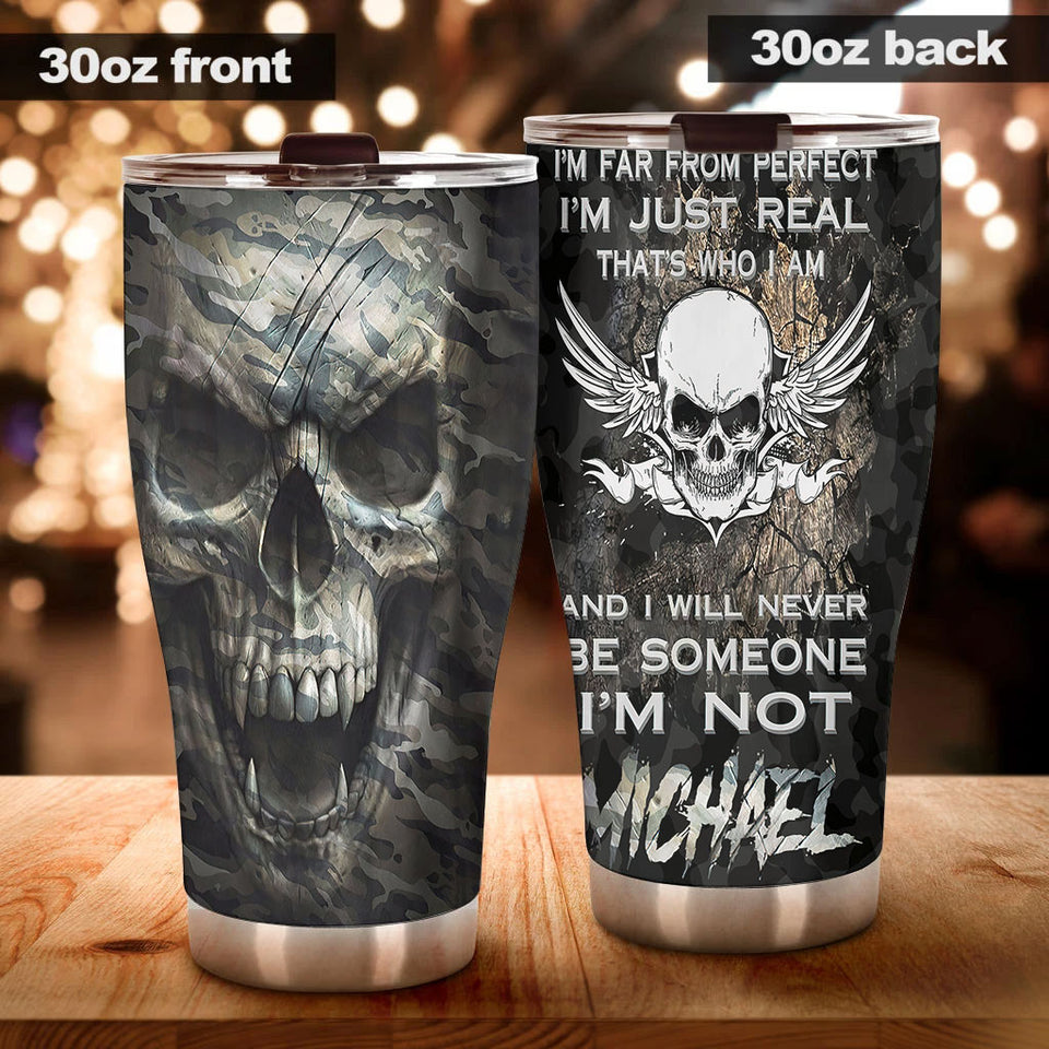 Camellia Personalized Skull I'm Far From Perfect Stainless Steel Tumbler - Double-Walled Insulation Travel Thermal Cup With Lid