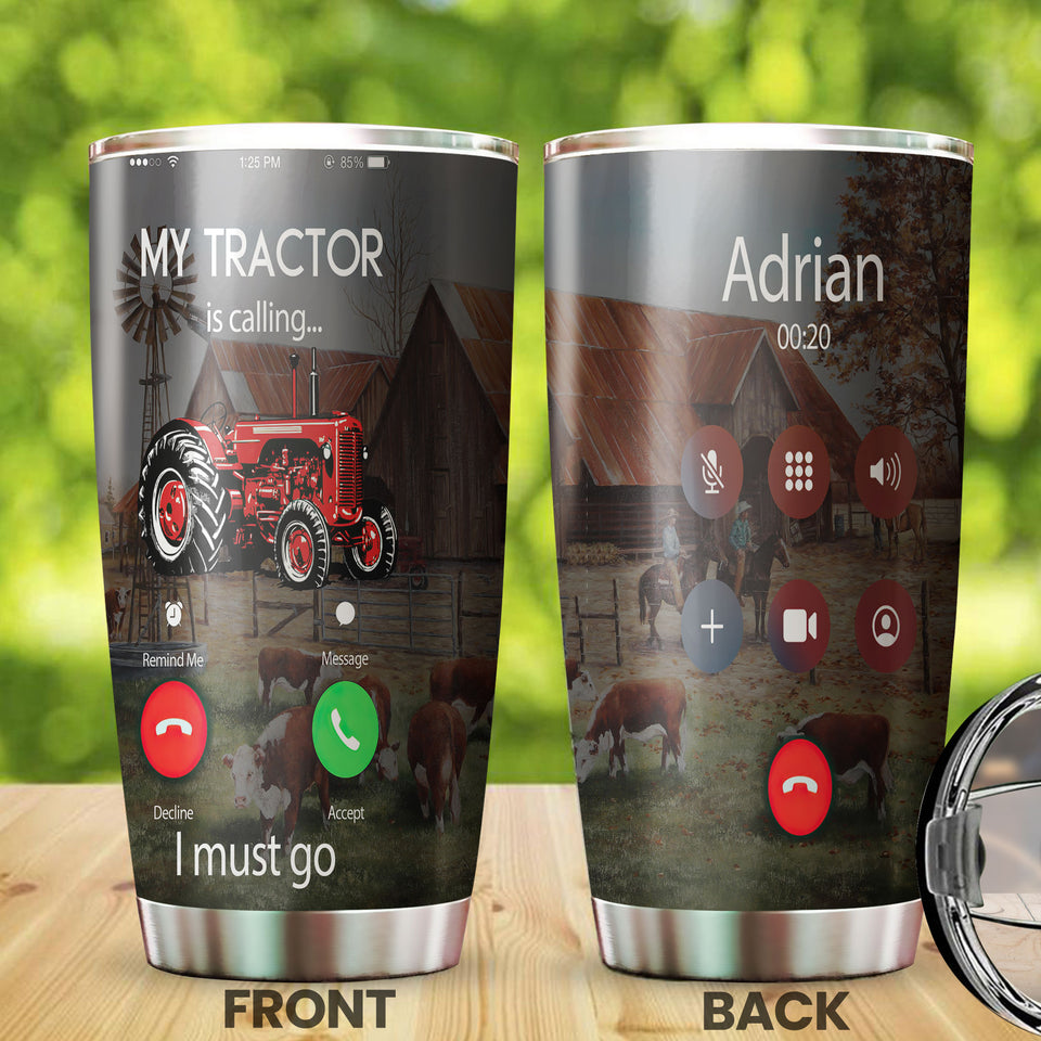 Camellia Personalized Red Tractor Is Calling I Must Go Farming Stainless Steel Tumbler - Double-Walled Insulation Travel Thermal Cup With Lid Gift For Farm Tractor Lover