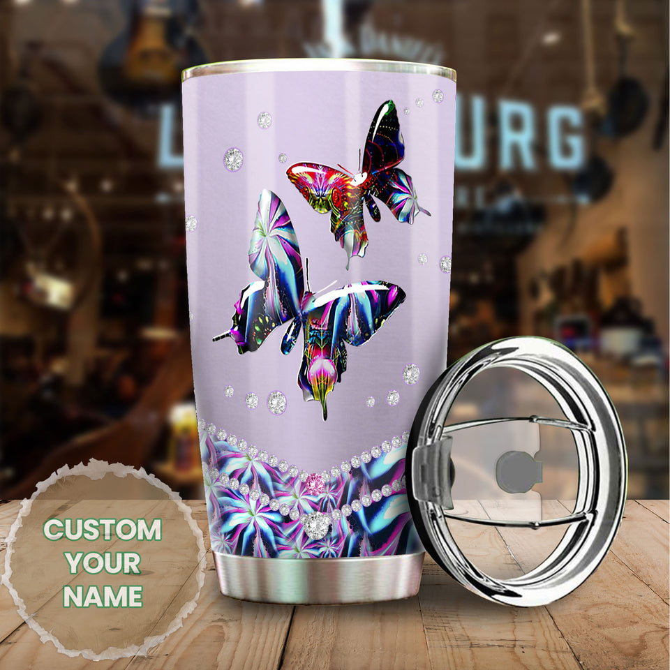 Camellia Personalized 3D Colorful Diamond Butterfly Stainless Steel Tumbler - Customized Double-Walled Insulation Therma Cup With Lid
