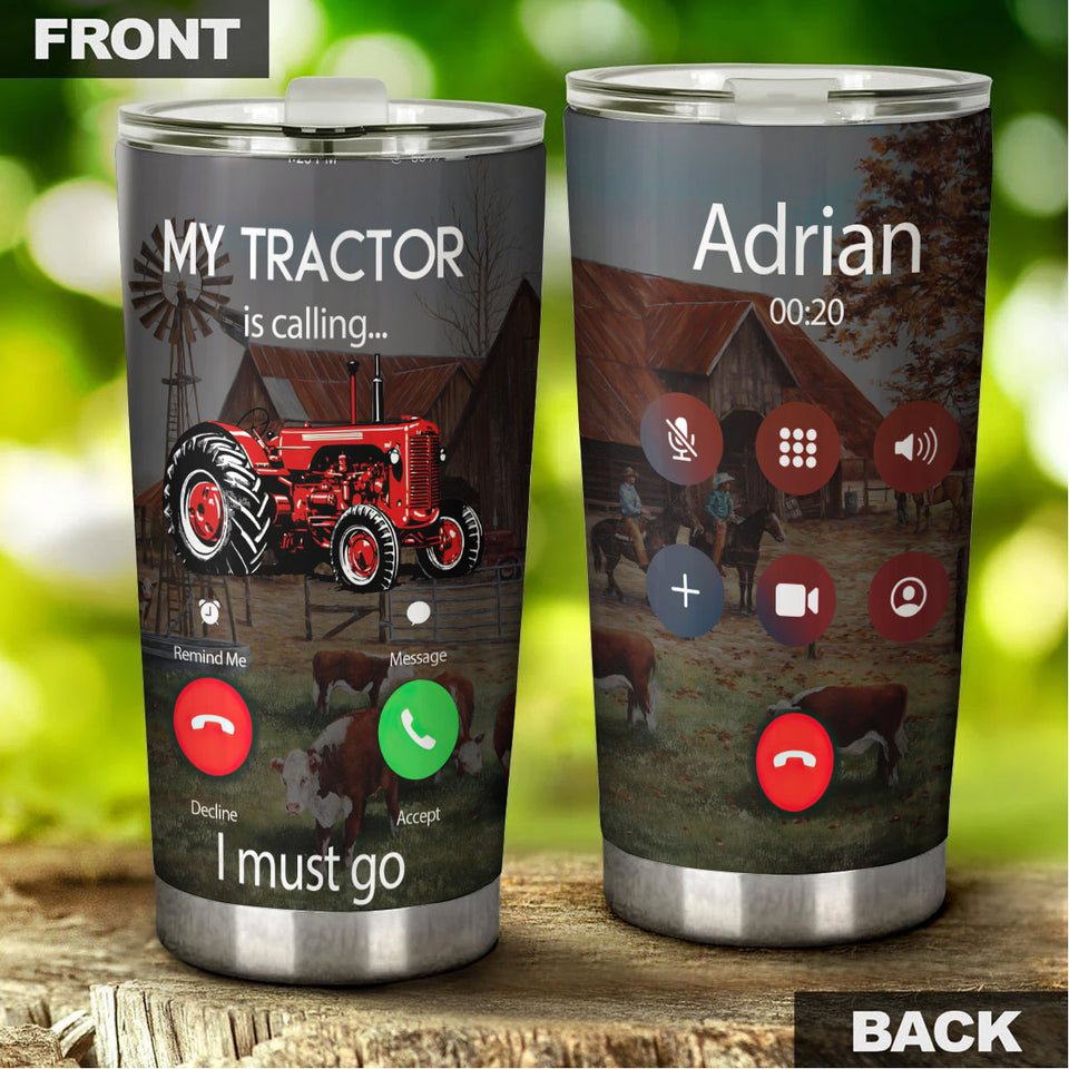 Camellia Personalized Red Tractor Is Calling I Must Go Farming Stainless Steel Tumbler - Double-Walled Insulation Travel Thermal Cup With Lid Gift For Farm Tractor Lover