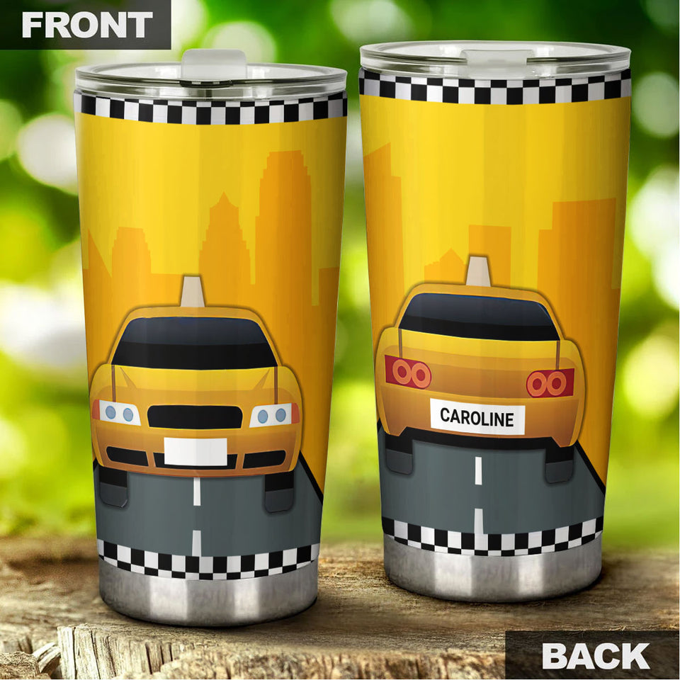 Camellia Personalized American Yellow Taxi Car Graphics Stainless Steel Tumbler - Double-Walled Insulation Travel Thermal Cup With Lid Gift For Taxi Driver Birthday