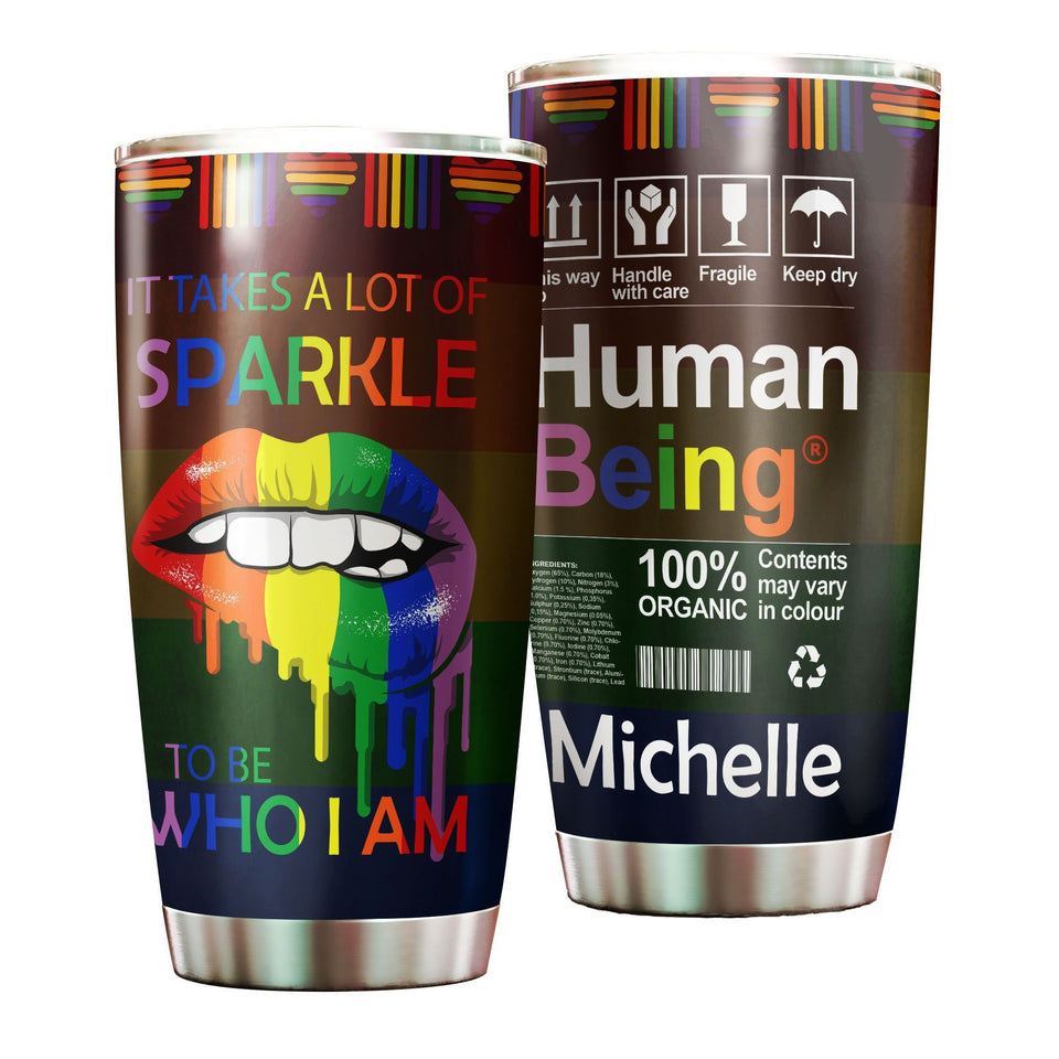 Camellia Personalized Rainbow Flag LGBT Sparkle To Be Who I Am Stainless Steel Tumbler - Double-Walled Insulation Thermal Cup With Lid Gift For Gay Lesbian