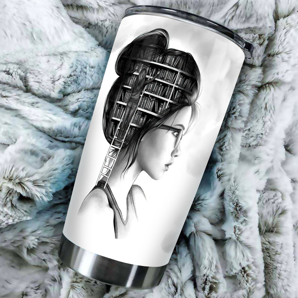 Camellia Personalized Girl Reading A Light In The Dark Stainless Steel Tumbler - Double-Walled Insulation Thermal Cup With Lid Gift For Nerd Reader Book Lover