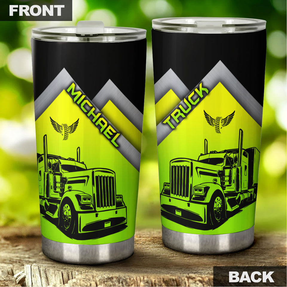 Camellia Personalized Neon Green Truck Graphics Stainless Steel Tumbler - Double-Walled Insulation Travel Thermal Cup With Lid Gift For Trucker Dad Husband Truck Lover