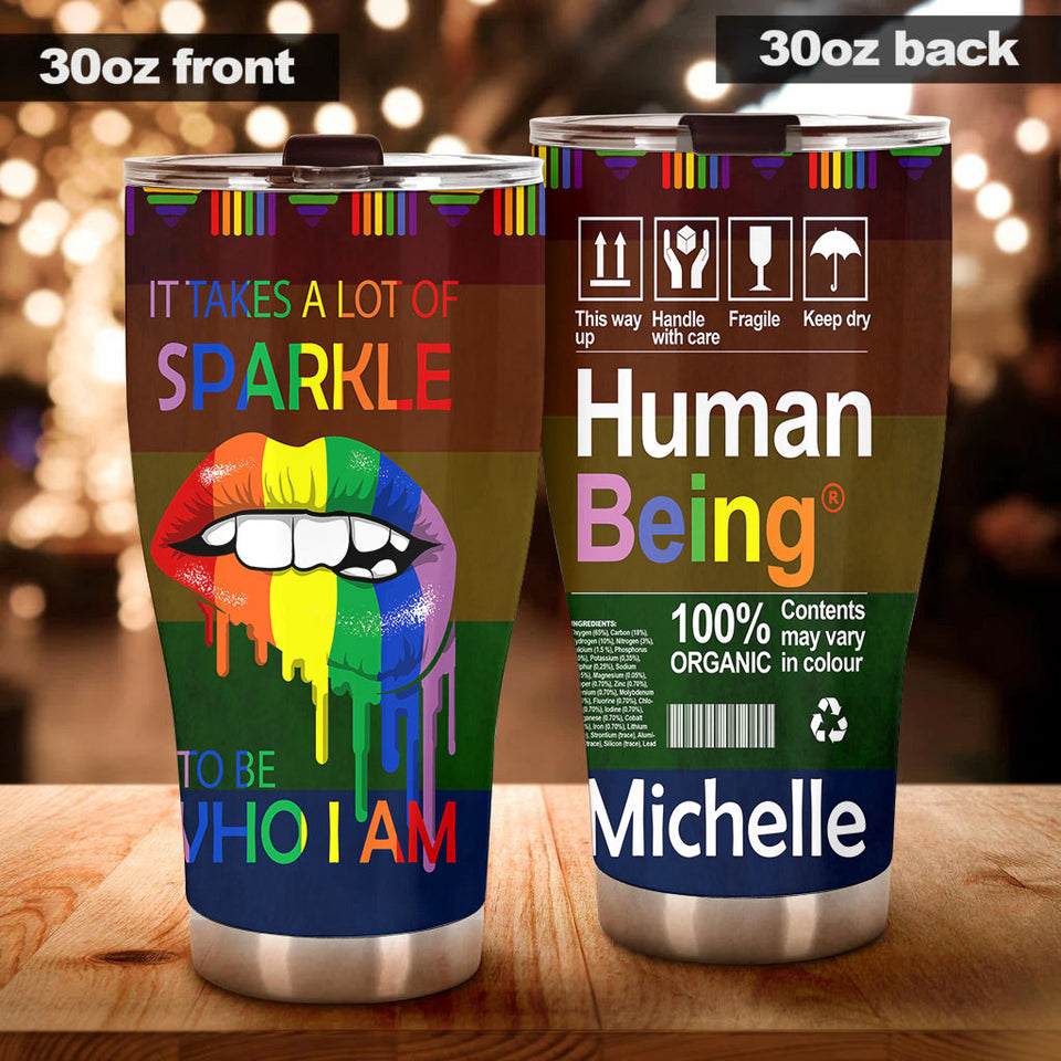 Camellia Personalized Rainbow Flag LGBT Sparkle To Be Who I Am Stainless Steel Tumbler - Double-Walled Insulation Thermal Cup With Lid Gift For Gay Lesbian
