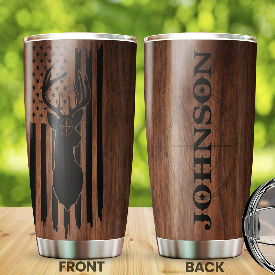 Camellia Personalized Deer Forest Hunting American Flag Wooden Style Stainless Steel Tumbler - Double-Walled Insulation Travel Thermal Cup With Lid Gift For Deer Hunter Men