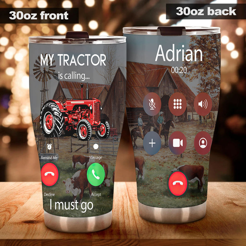 Camellia Personalized Red Tractor Is Calling I Must Go Farming Stainless Steel Tumbler - Double-Walled Insulation Travel Thermal Cup With Lid Gift For Farm Tractor Lover
