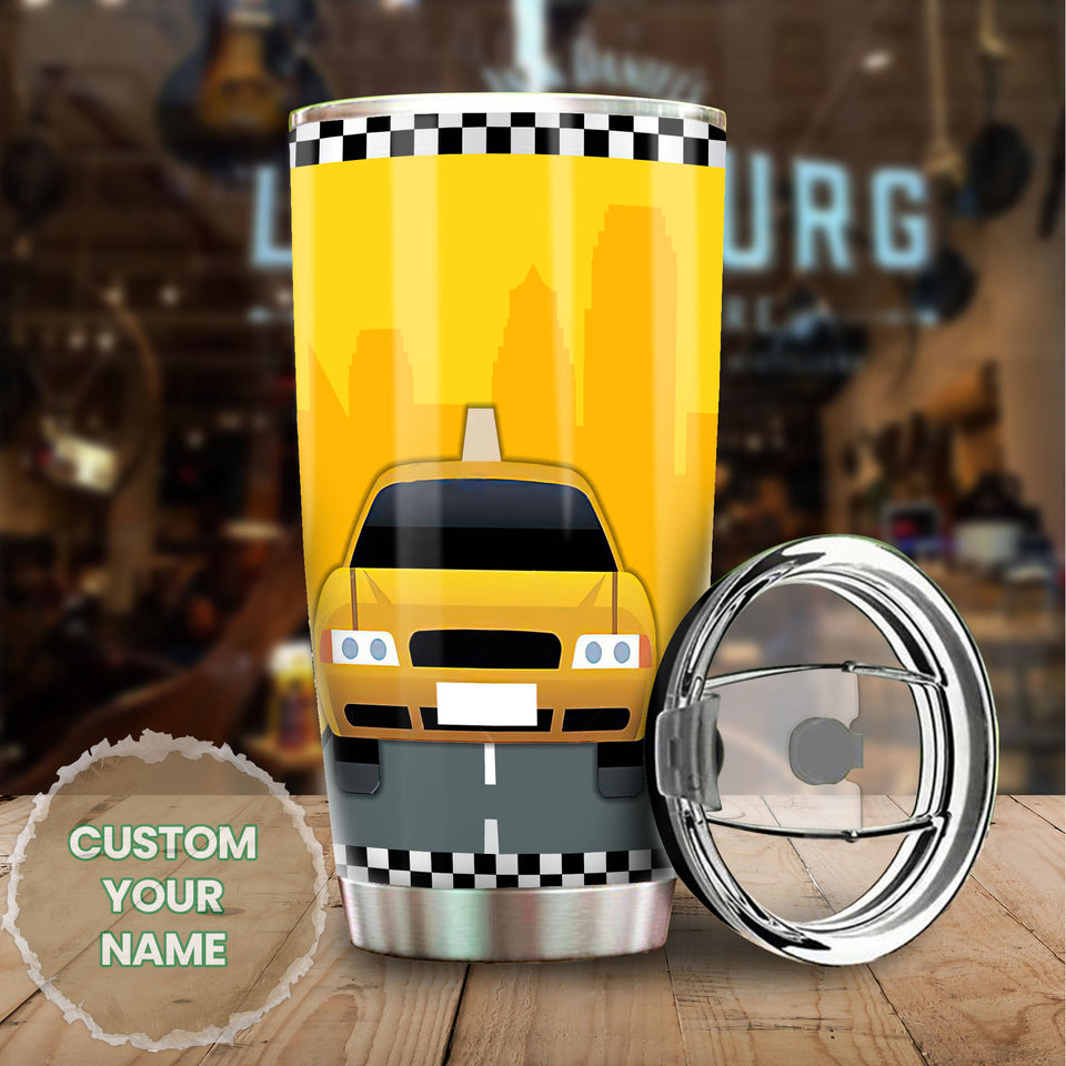 Camellia Personalized American Yellow Taxi Car Graphics Stainless Steel Tumbler - Double-Walled Insulation Travel Thermal Cup With Lid Gift For Taxi Driver Birthday