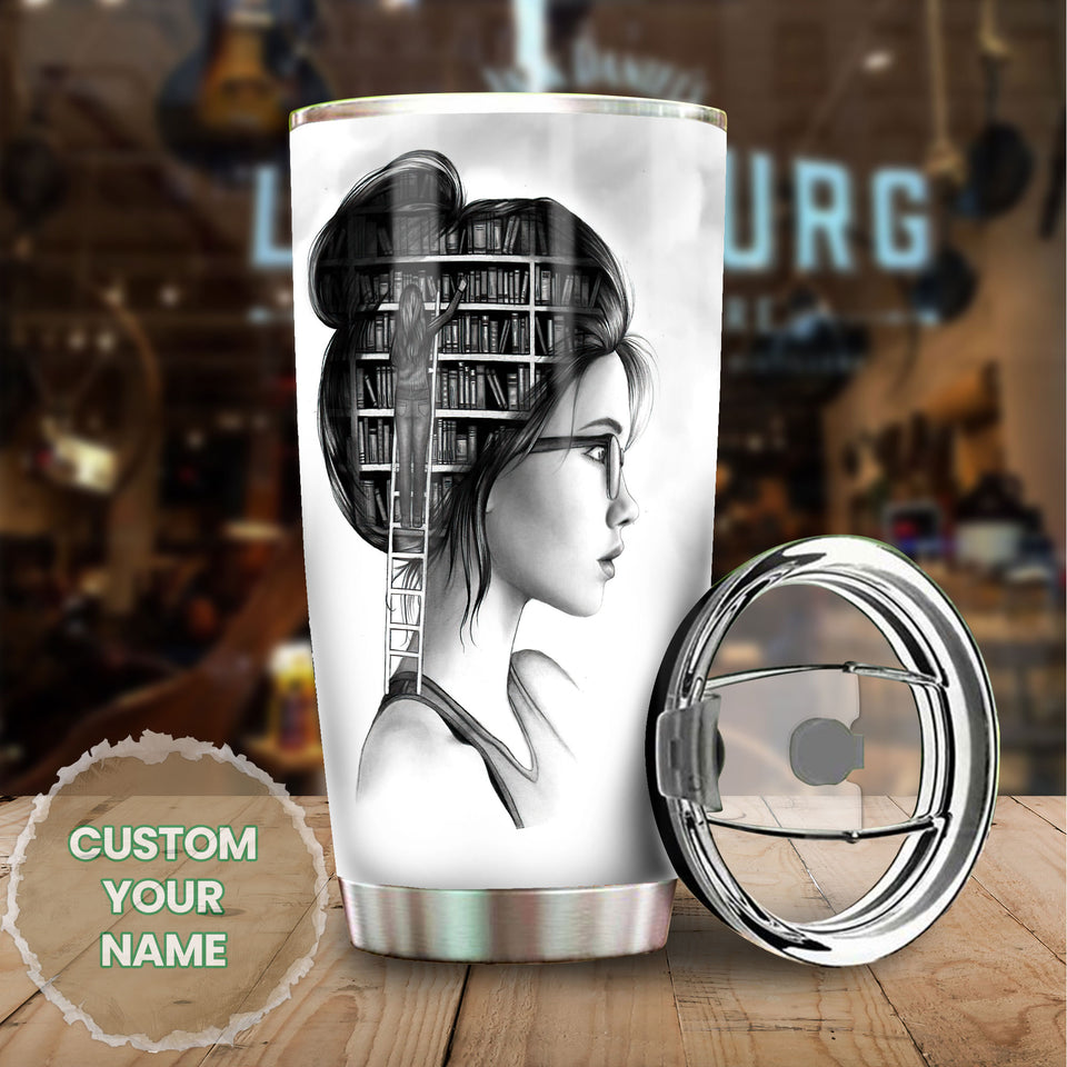 Camellia Personalized Girl Reading A Light In The Dark Stainless Steel Tumbler - Double-Walled Insulation Thermal Cup With Lid Gift For Nerd Reader Book Lover