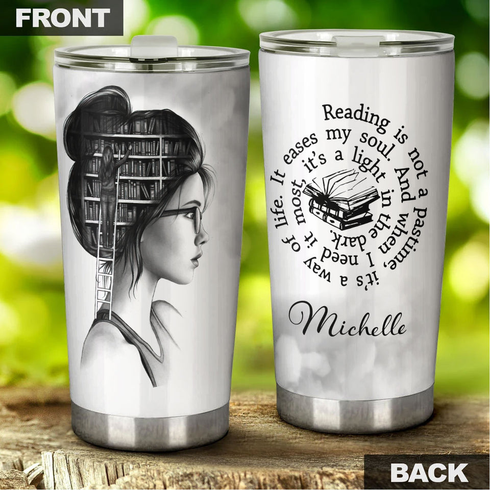 Camellia Personalized Girl Reading A Light In The Dark Stainless Steel Tumbler - Double-Walled Insulation Thermal Cup With Lid Gift For Nerd Reader Book Lover
