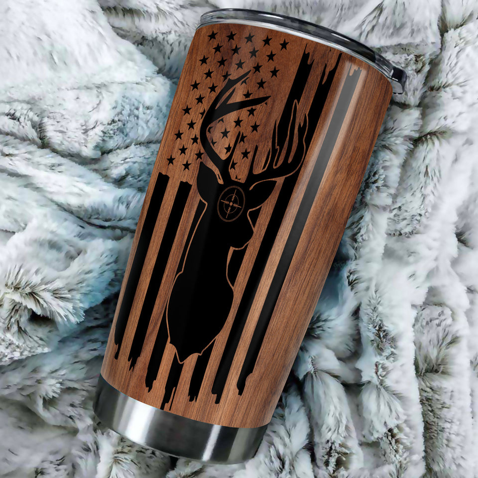 Camellia Personalized Deer Forest Hunting American Flag Wooden Style Stainless Steel Tumbler - Double-Walled Insulation Travel Thermal Cup With Lid Gift For Deer Hunter Men