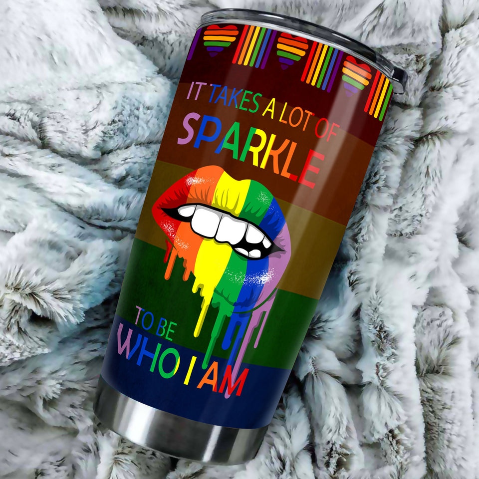 Camellia Personalized Rainbow Flag LGBT Sparkle To Be Who I Am Stainless Steel Tumbler - Double-Walled Insulation Thermal Cup With Lid Gift For Gay Lesbian