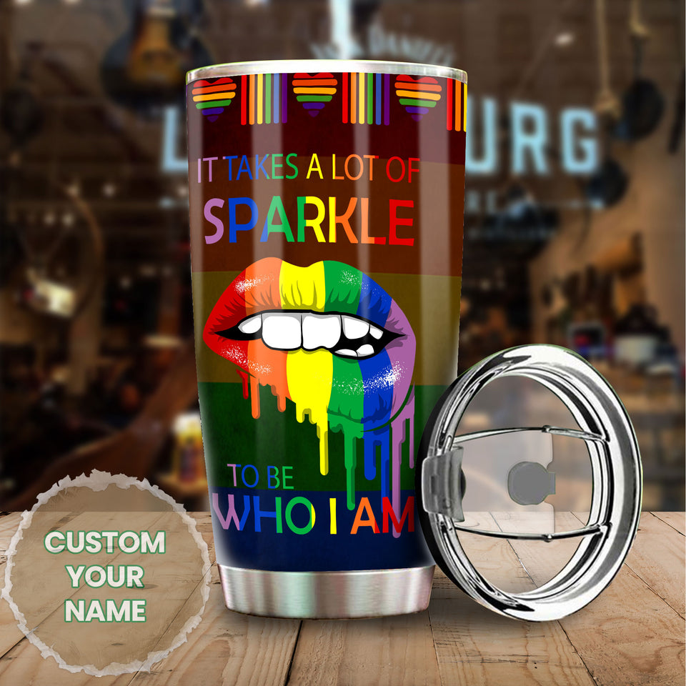 Camellia Personalized Rainbow Flag LGBT Sparkle To Be Who I Am Stainless Steel Tumbler - Double-Walled Insulation Thermal Cup With Lid Gift For Gay Lesbian