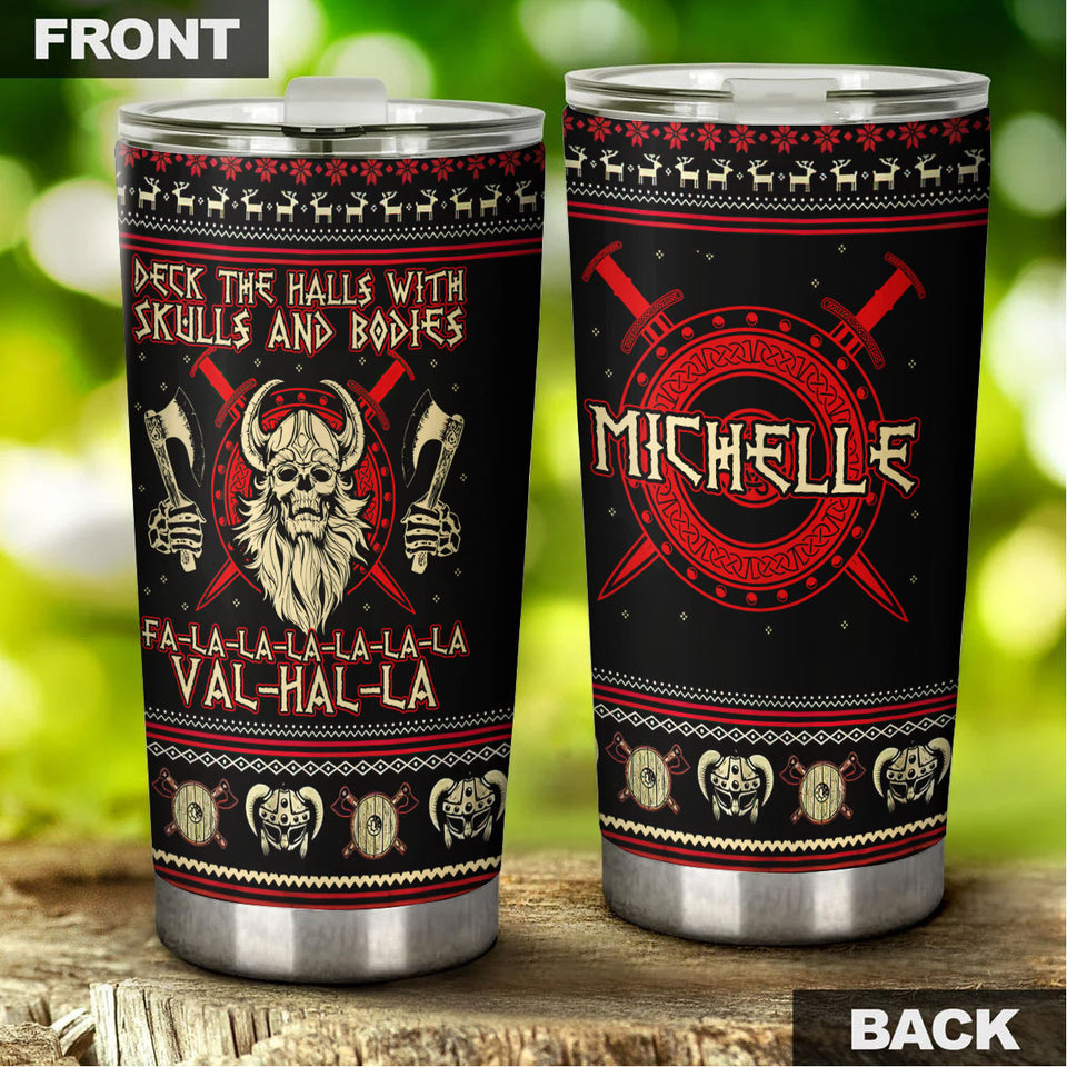 Camellia Personalized Viking Skulls And Bodies Valhalla Stainless Steel Tumbler - Double-Walled Insulation Travel Thermal Cup With Lid Gift For Dad
