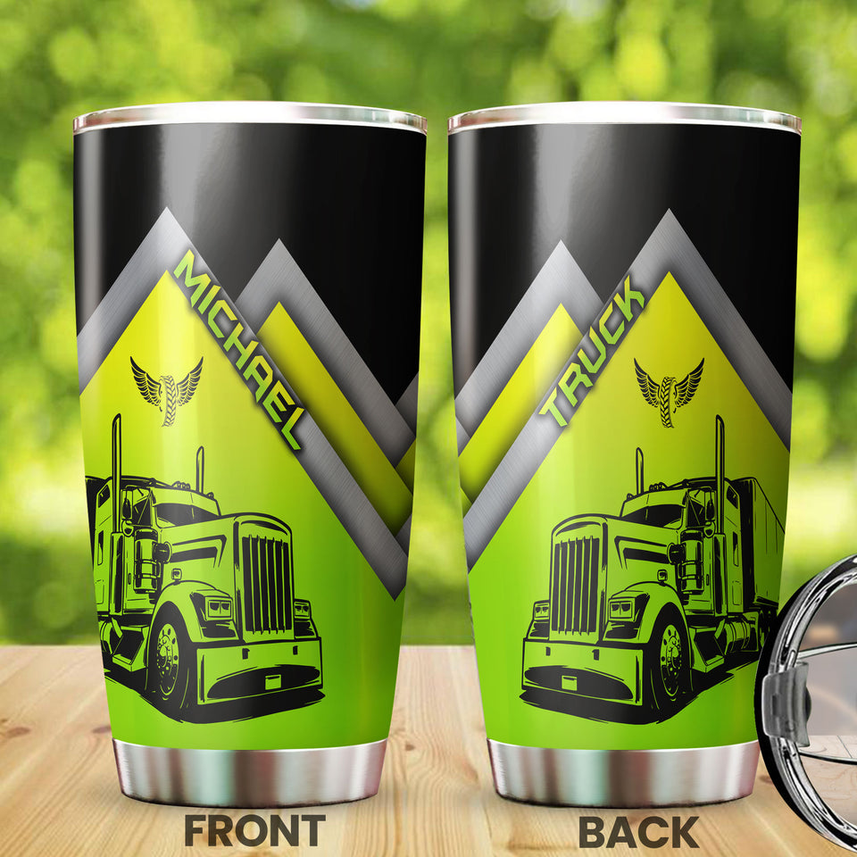 Camellia Personalized Neon Green Truck Graphics Stainless Steel Tumbler - Double-Walled Insulation Travel Thermal Cup With Lid Gift For Trucker Dad Husband Truck Lover
