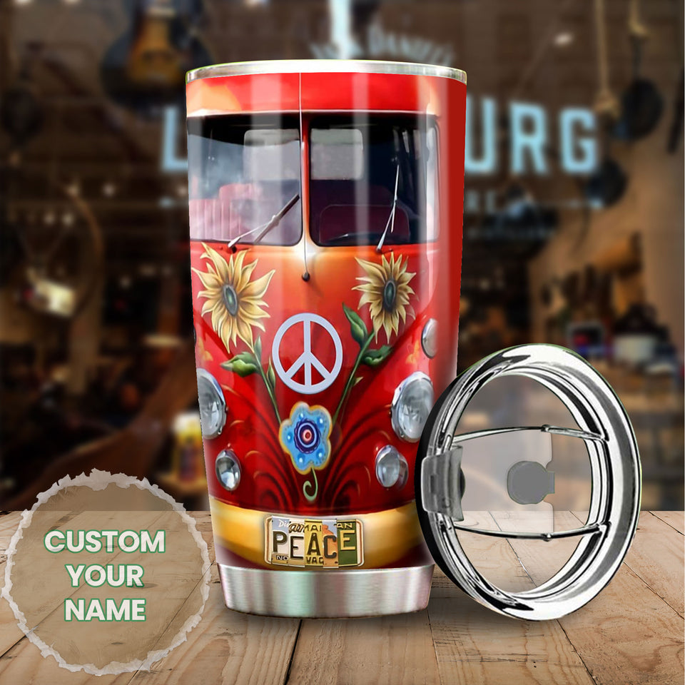 Camellia Personalized Sunflower Hippie Peace Lover Graphics Stainless Steel Tumbler - Double-Walled Insulation Thermal Cup With Lid Gift For Hipster