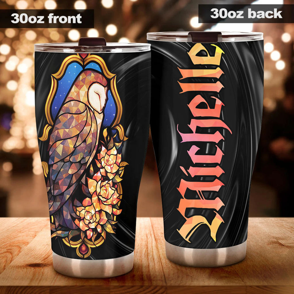 Camellia Personalized Fairytail Owl Glitter Graphic Stainless Steel Tumbler - Double-Walled Insulation Thermal Cup With Lid Gift For Kids Girls Animal Lover