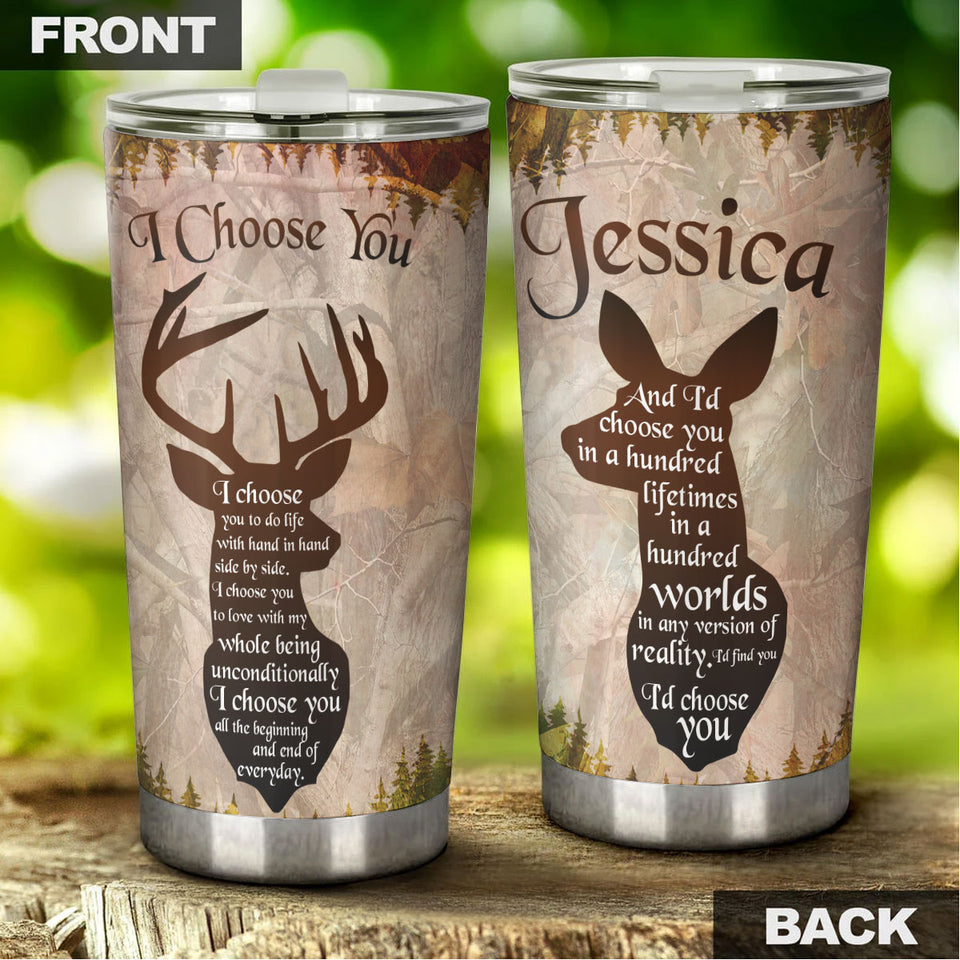 Camellia Personalized Deers Couple I Choose You Vintage Stainless Steel Tumbler - Double-Walled Insulation Travel Thermal Cup With Lid Gift For Valentines Day Couple