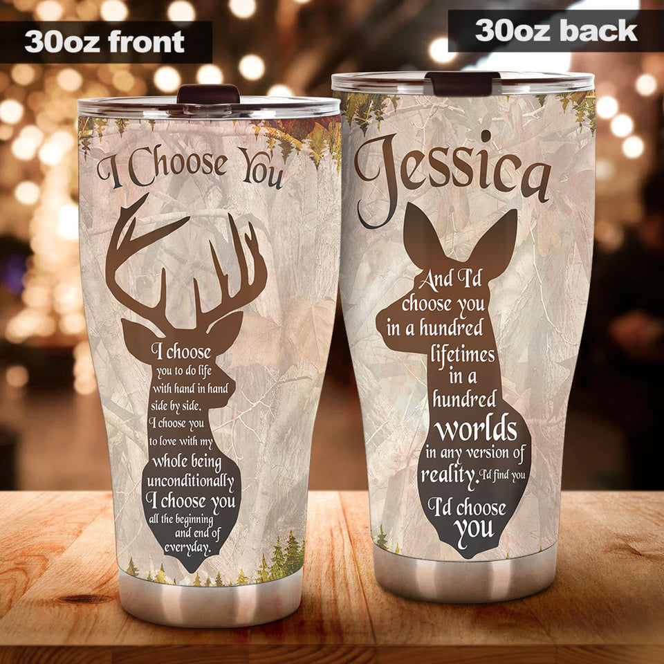Camellia Personalized Deers Couple I Choose You Vintage Stainless Steel Tumbler - Double-Walled Insulation Travel Thermal Cup With Lid Gift For Valentines Day Couple