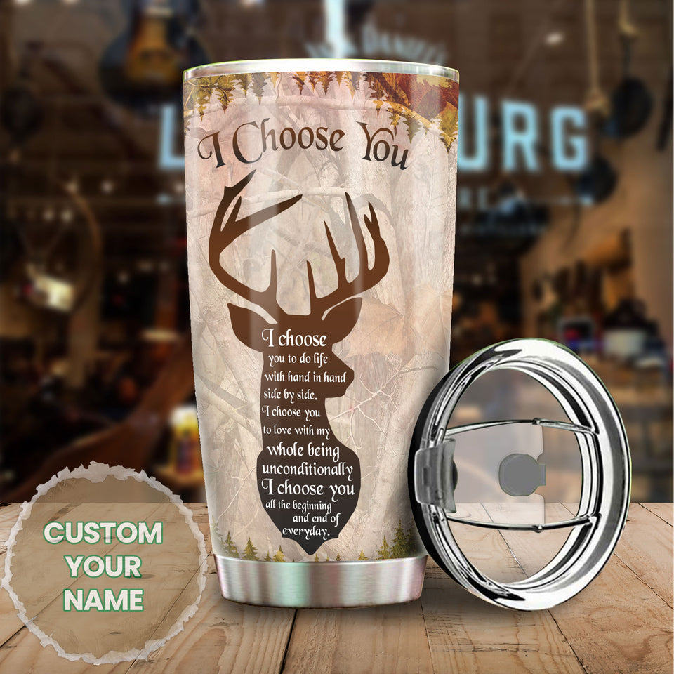Camellia Personalized Deers Couple I Choose You Vintage Stainless Steel Tumbler - Double-Walled Insulation Travel Thermal Cup With Lid Gift For Valentines Day Couple