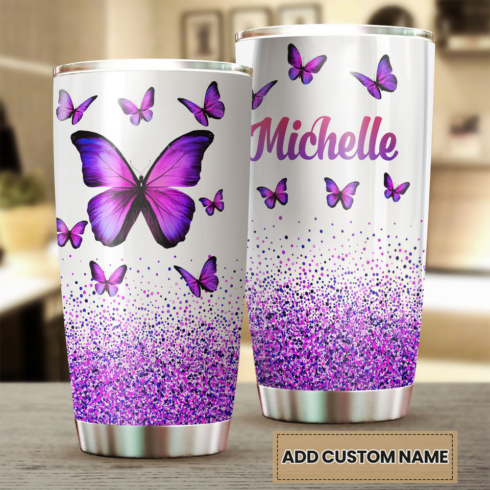 Camellia Personalized Violet Butterfly Graphics Stainless Steel Tumbler - Double-Walled Insulation Thermal Cup With Lid Gift For Memorial Day