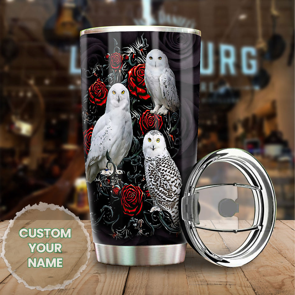 Camellia Personalized White Owls And Roses Graphics Stainless Steel Tumbler - Double-Walled Insulation Thermal Cup With Lid