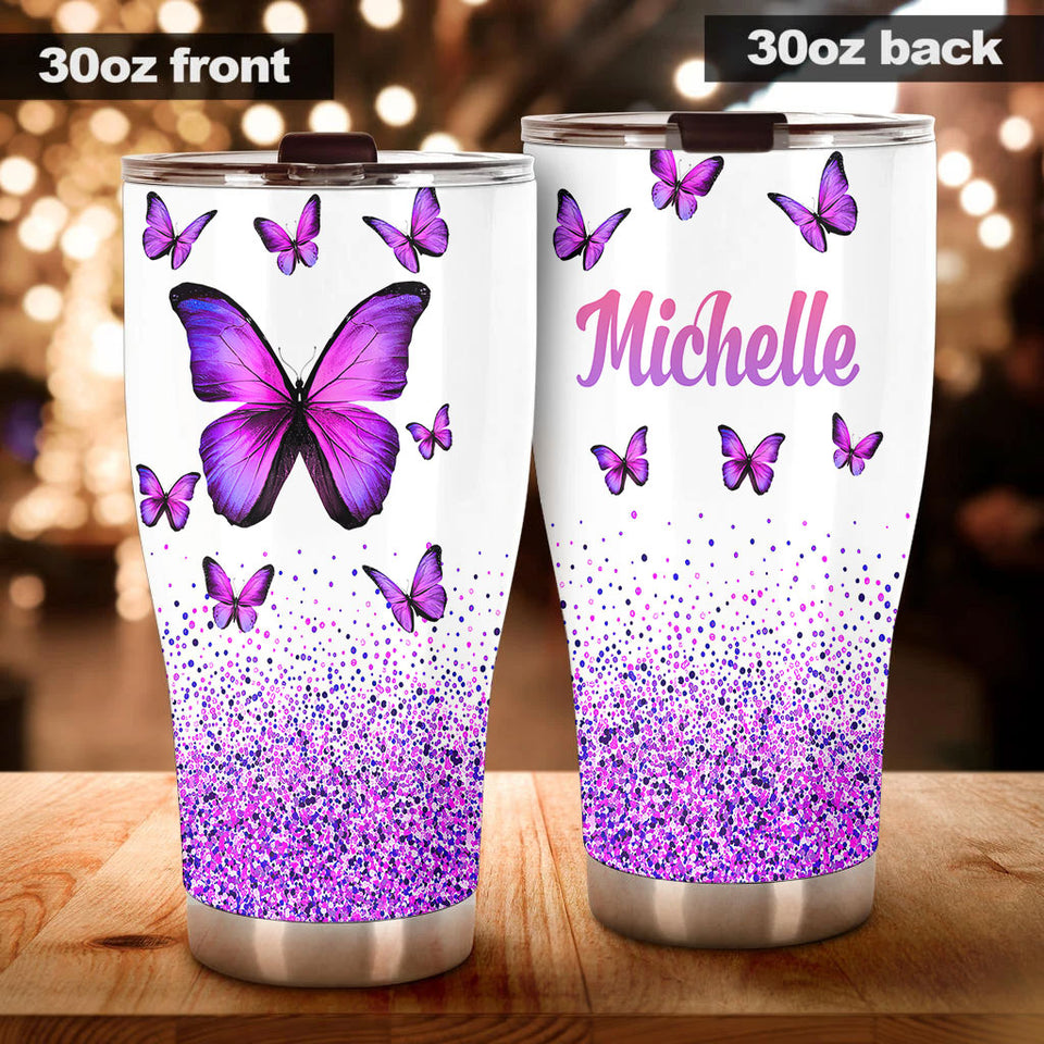Camellia Personalized Violet Butterfly Graphics Stainless Steel Tumbler - Double-Walled Insulation Thermal Cup With Lid Gift For Memorial Day