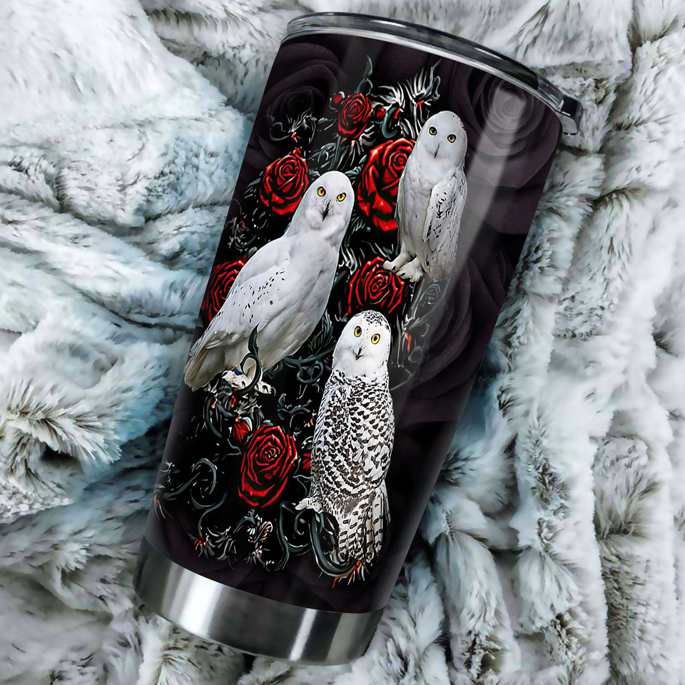 Camellia Personalized White Owls And Roses Graphics Stainless Steel Tumbler - Double-Walled Insulation Thermal Cup With Lid