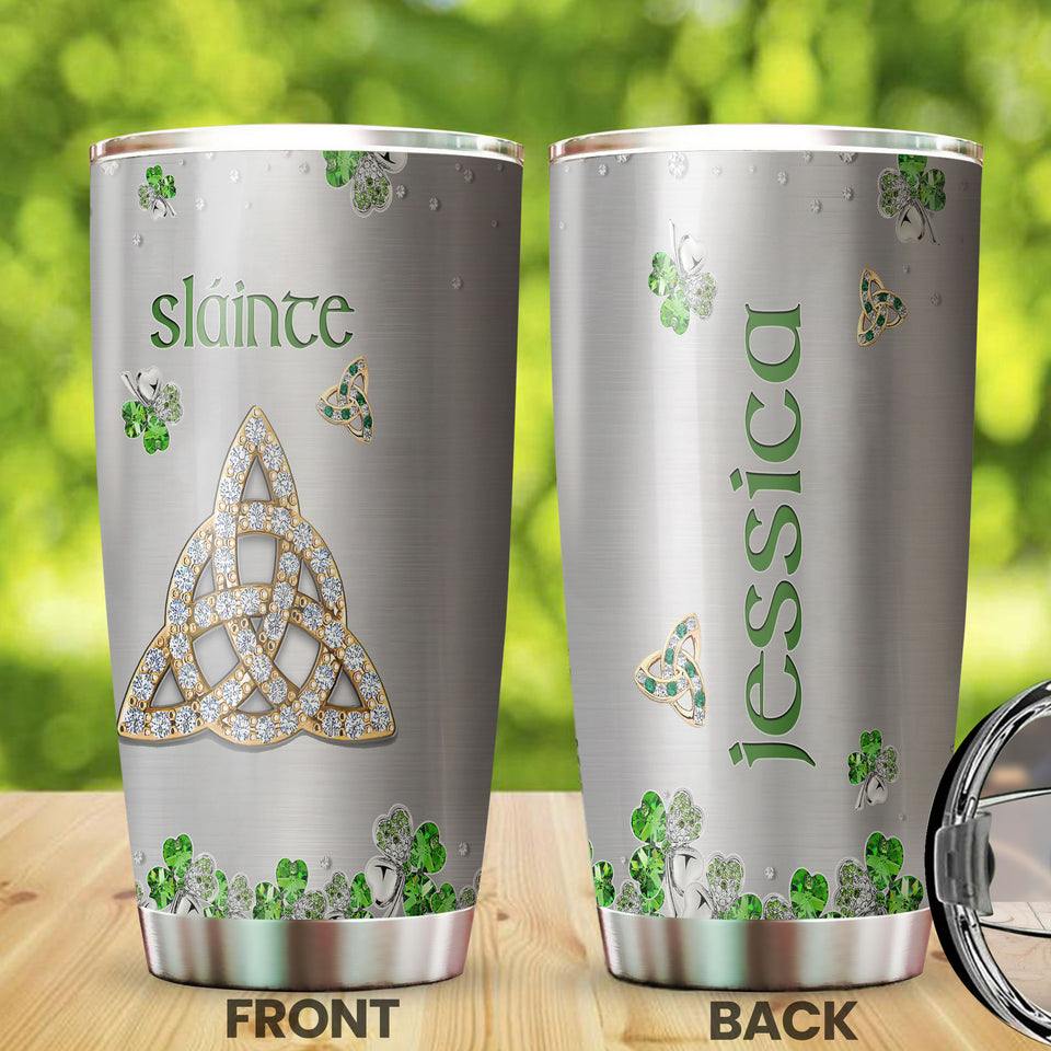 Camellia Personalized Slainte Irish Jewelry Style Green Stainless Steel Tumbler - Double-Walled Insulation Travel Thermal Cup With Lid