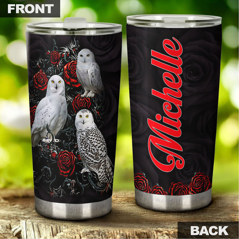 Camellia Personalized White Owls And Roses Graphics Stainless Steel Tumbler - Double-Walled Insulation Thermal Cup With Lid